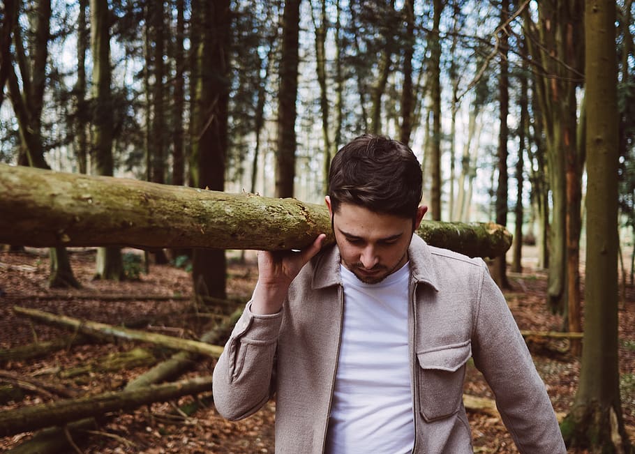man, boy, forest, woods, log, carrying, outdoors, nature, people HD wallpaper
