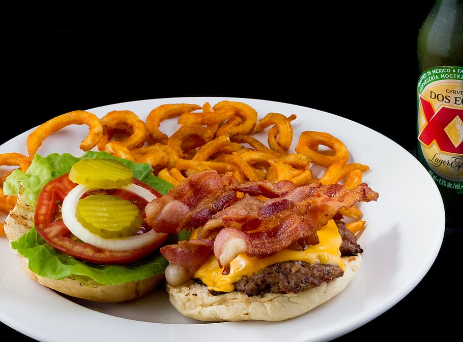 burger on white ceramic plate, meat, food, food and drink, ready-to-eat HD wallpaper