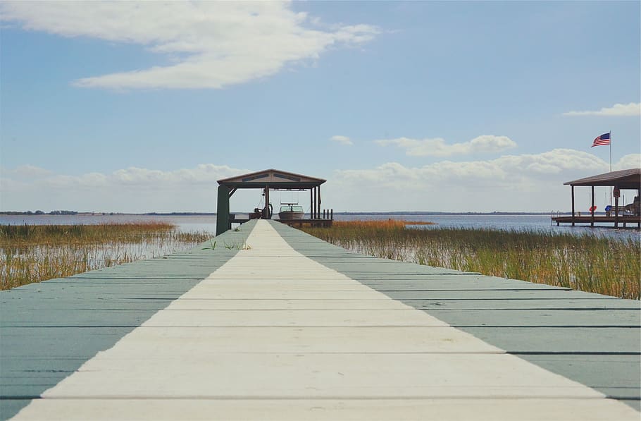 dock, path, cottage, lake, water, boats, american, flag, USA HD wallpaper