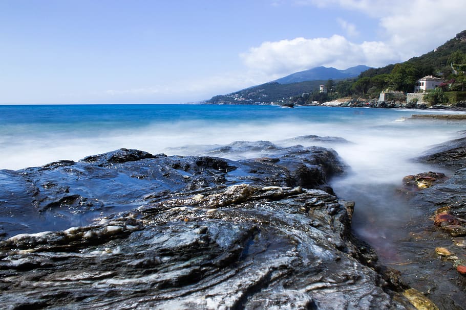 erbalunga, sea, cliffs, mountains, clouds, long exposure, waves HD wallpaper