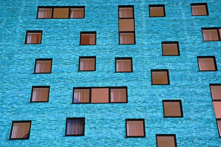 Teal Wall With Windows, architecture, blue, bricks, building