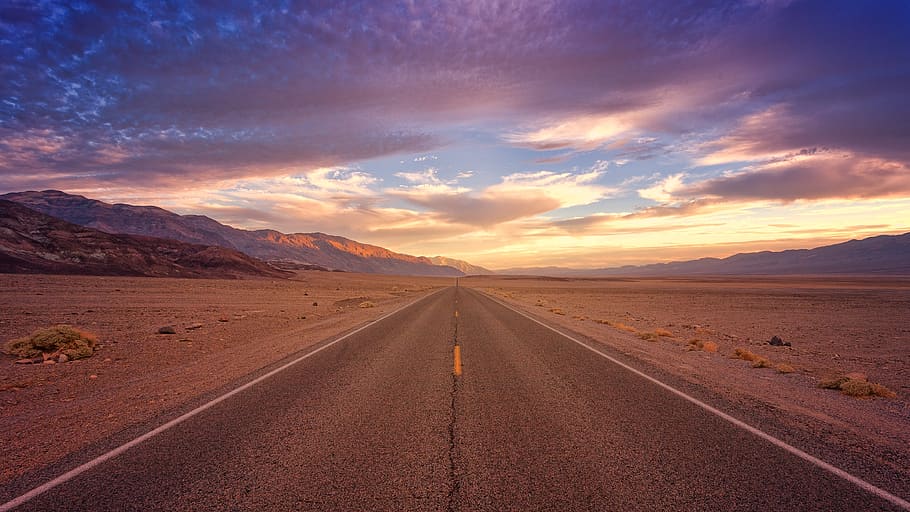 road, away, death valley, clouds, sunset, mood, determination, HD wallpaper