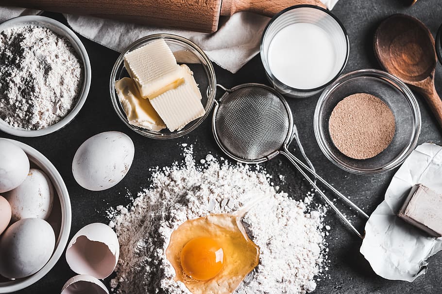 Ingredients for Homemade Baking, bread, butter, dough, eggs, flour