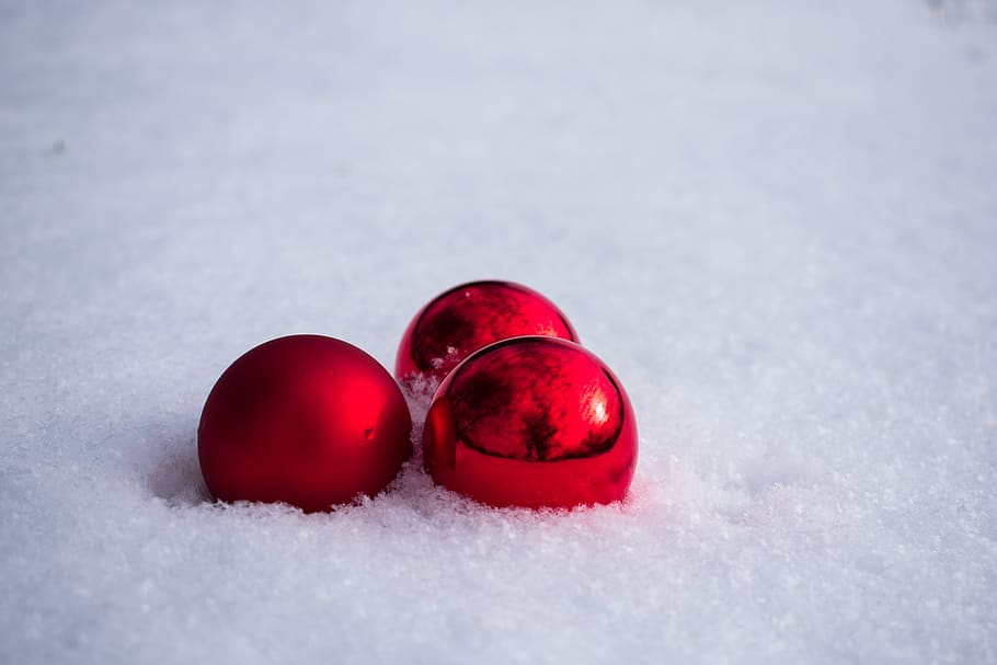 three red baubles on snow, sphere, germany, bempflingen, plant