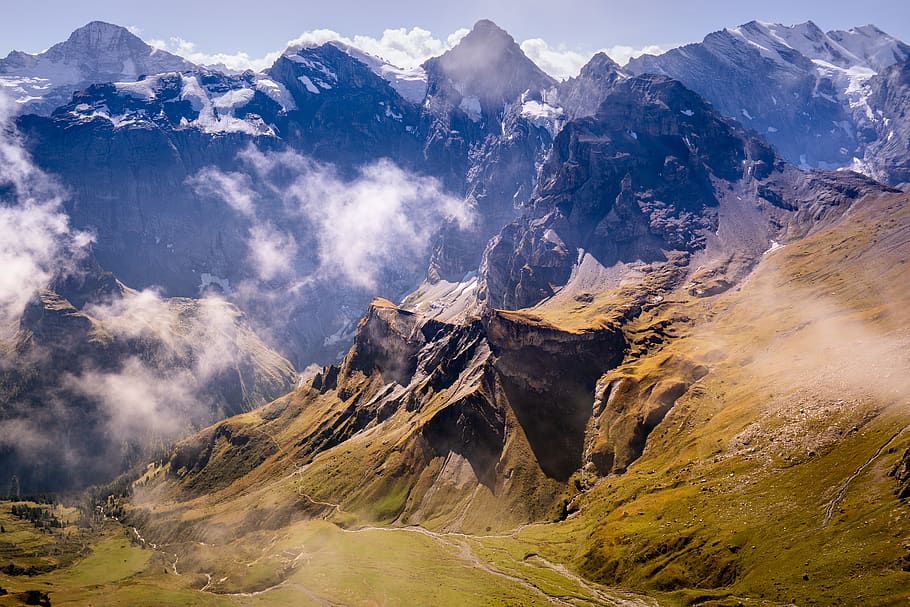 green trees, switzerland, mountain range, nature, outdoors, lauterbrunnen HD wallpaper
