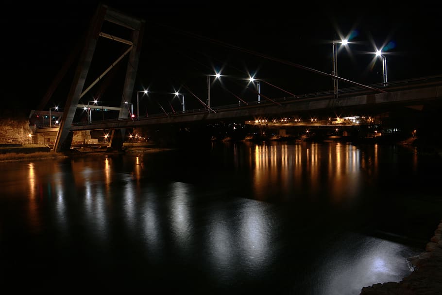 night, lights, river, bridge, schaffhausen, illuminated, transportation HD wallpaper