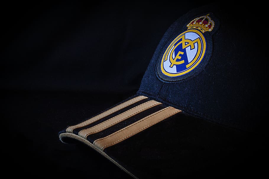 Real Madrid Hat, various, hats, spain, black background, no people, HD wallpaper