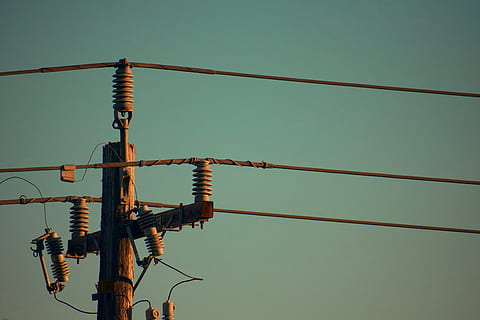 three electric cables on electric post, power lines, electric transmission tower HD wallpaper