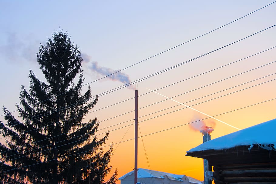 airplane, flying, sky, tree, power, lines, smoke, bath-house HD wallpaper