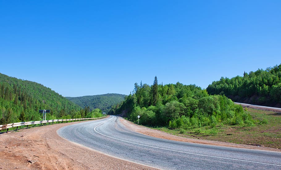 road, asphalt, forest, sky, russia, outdoor, tree, nobody, green HD wallpaper