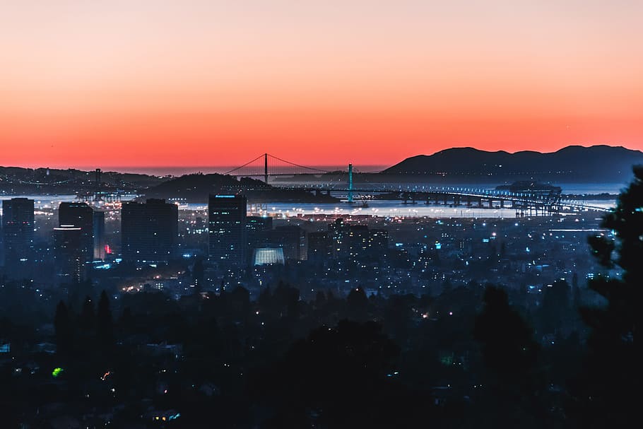 photograph of city scrapers, sunset, orange sky, landscape, explore HD wallpaper
