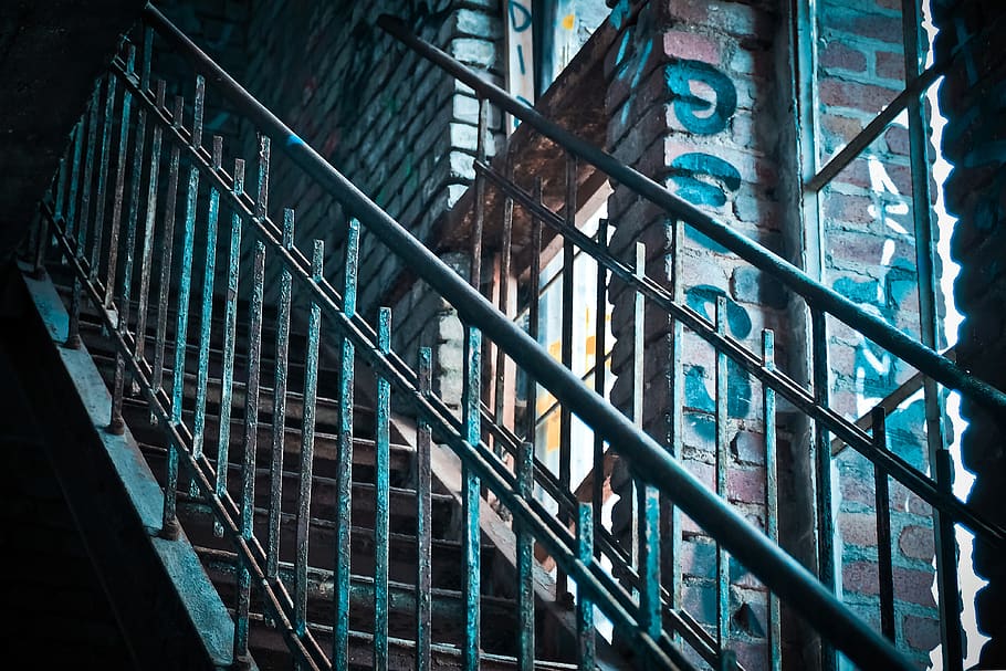 Blue and Gray Stairs Rail, architecture, broken, building, construction HD wallpaper