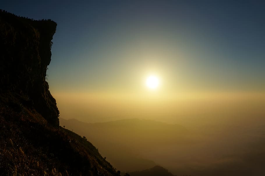 mountain, highland, cliff, sunset, sky, landscape, nature, beauty in nature HD wallpaper