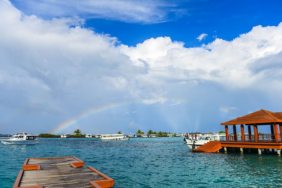 Brown Wooden Dock Near Body of Water, archipelago, azure, bay HD wallpaper