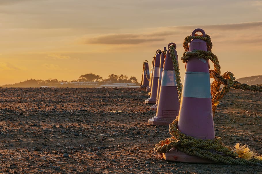 Photo of Traffic Cones with Ropes During Dusk, dawn, ground, landscape HD wallpaper