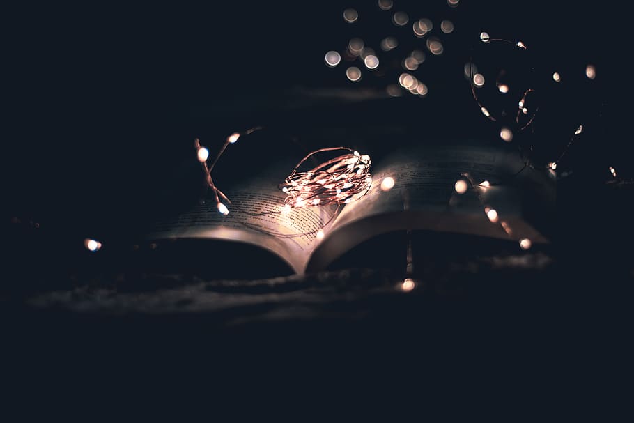 Open Book With String Lights, illuminated, page, night, no people HD wallpaper