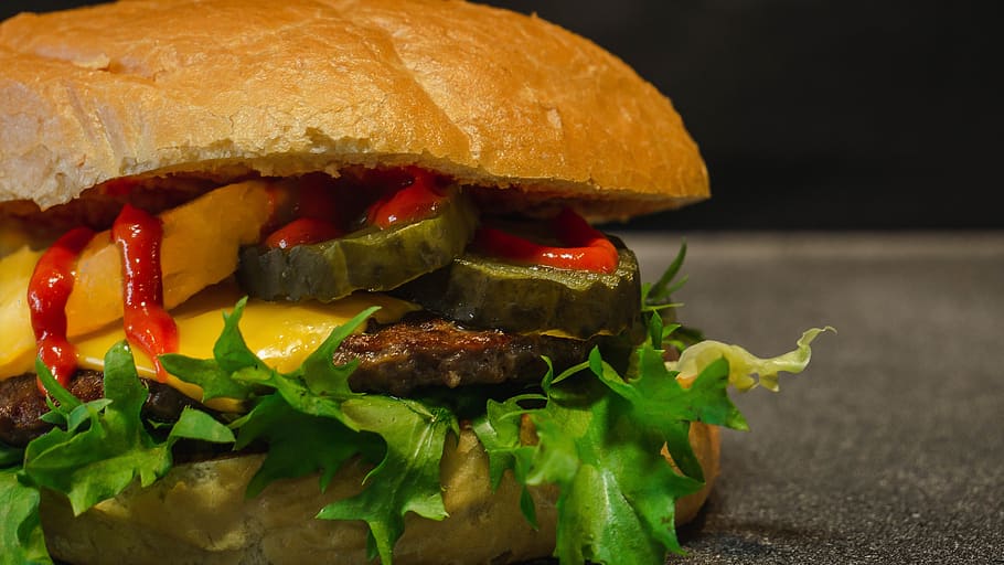 burger, food, seasoning, sesame, vegetable, arugula, plant, HD wallpaper