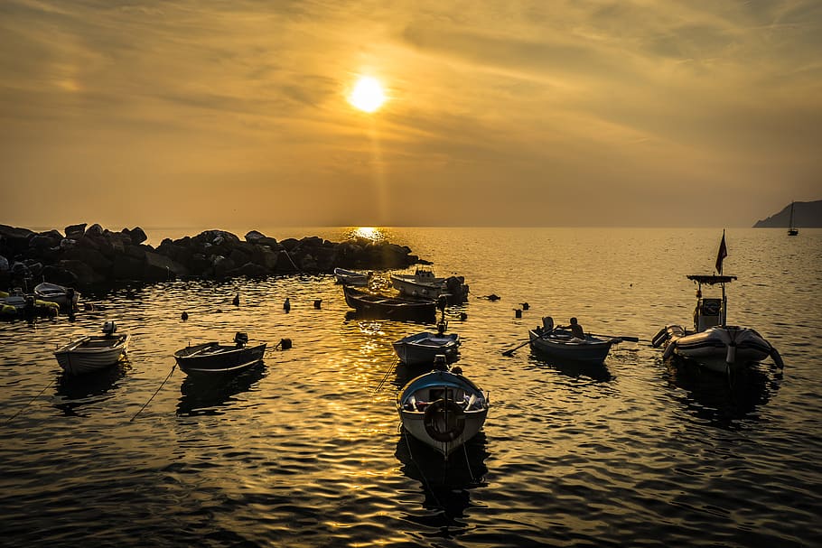 italy, riomaggiore, water, sky, sunset, sea, nautical vessel HD wallpaper