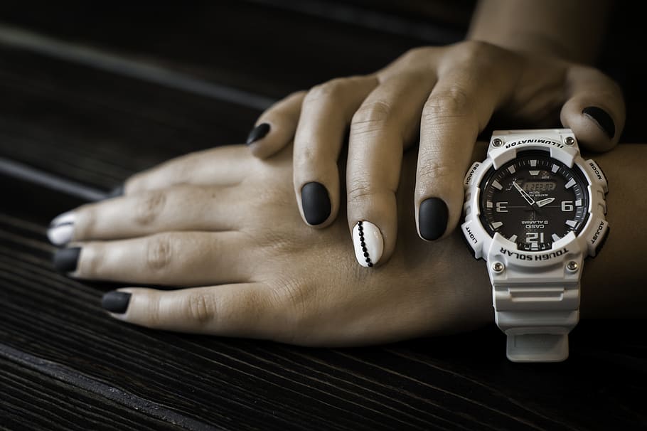 Person Wearing White Sports Watch, dark, fingers, hands, human HD wallpaper