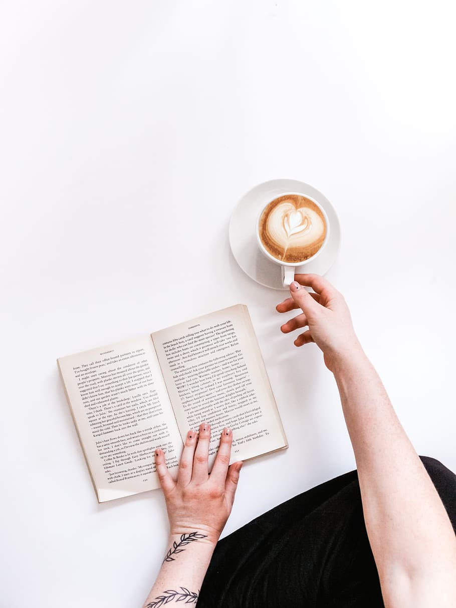person holding book, human hand, drink, coffee, coffee - drink HD wallpaper