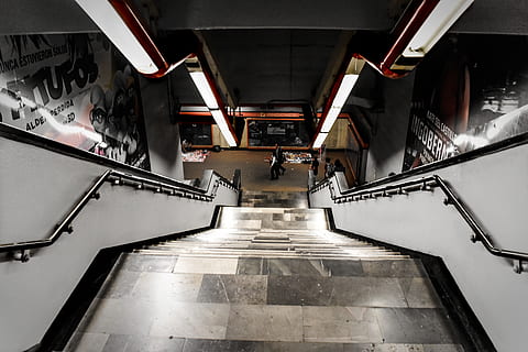 empty stairway in building, banister, handrail, floor, person HD wallpaper