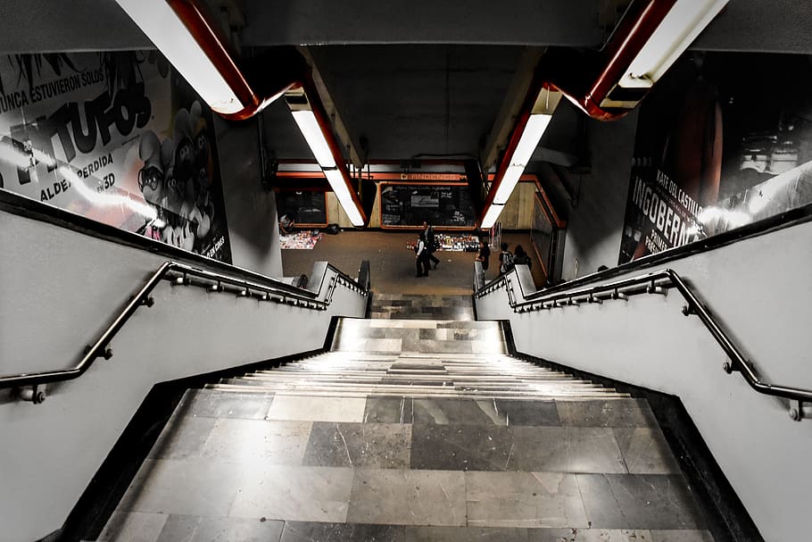 empty stairway in building, banister, handrail, floor, person HD wallpaper