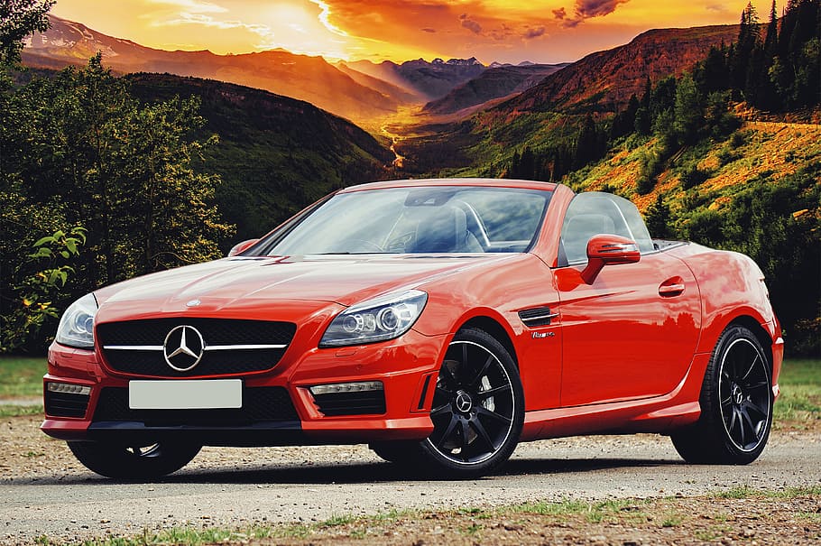 Red Mercedes-benz Convertible, automobile, automotive, car, coupe, HD wallpaper