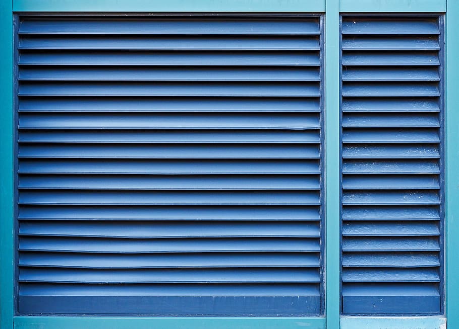 blue louvered door, home decor, shutter, window, curtain, window shade, HD wallpaper