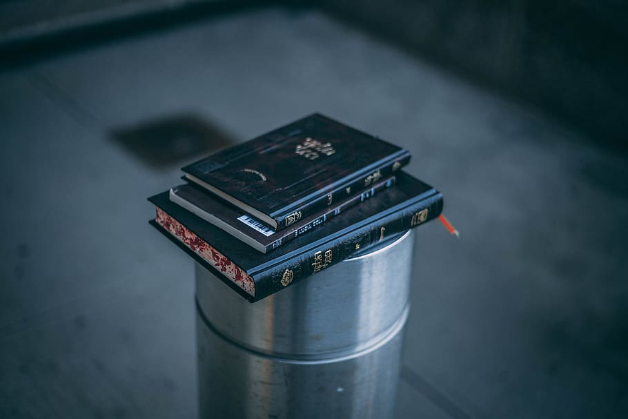 Three Black Books, book stack, close-up, container, indoors, steel metal HD wallpaper