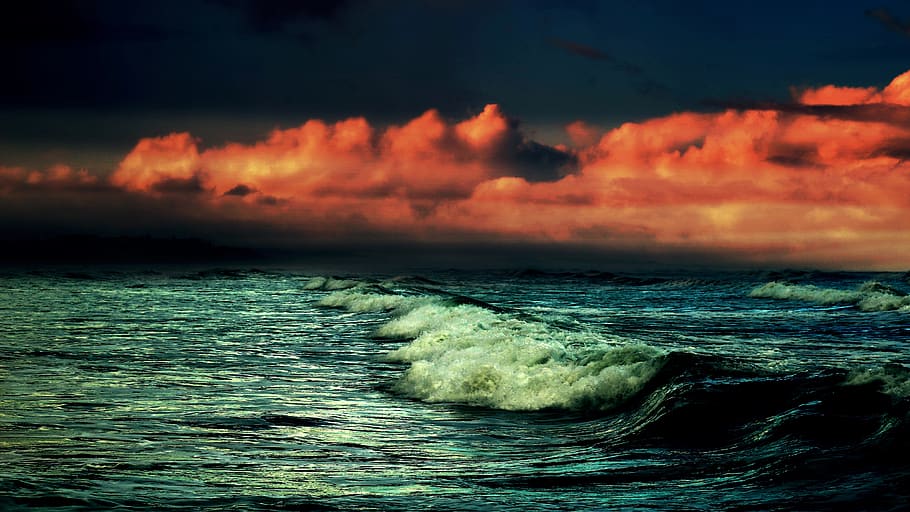 water, waves, sunset, sunrise, sky, ocean, splash, sea, night HD wallpaper