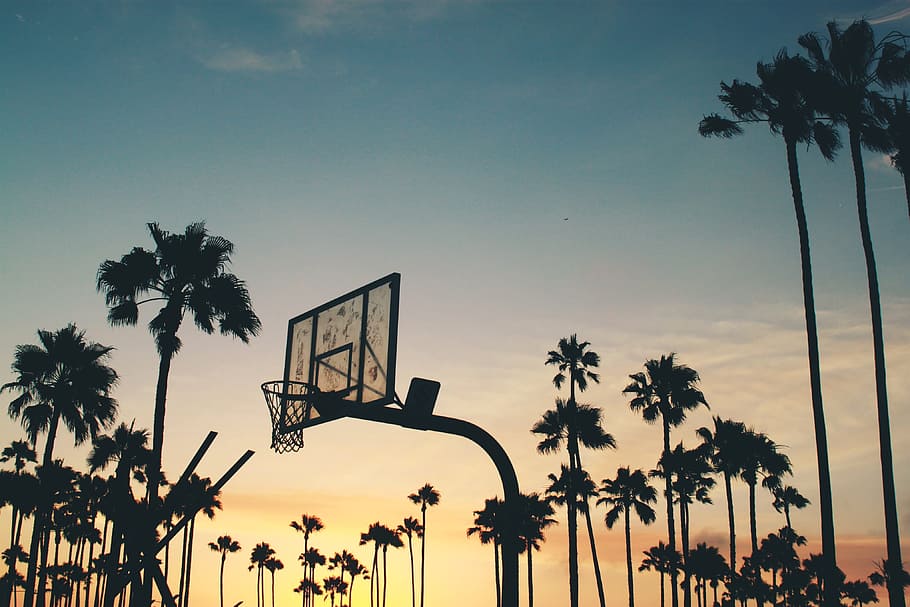 basketball, court, net, rim, sunset, dusk, sky, clouds, palm trees