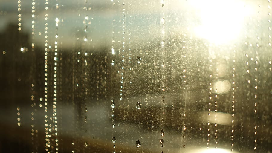 window, drops, droplets, rain, sunset, bokeh, wet, glass - material HD wallpaper