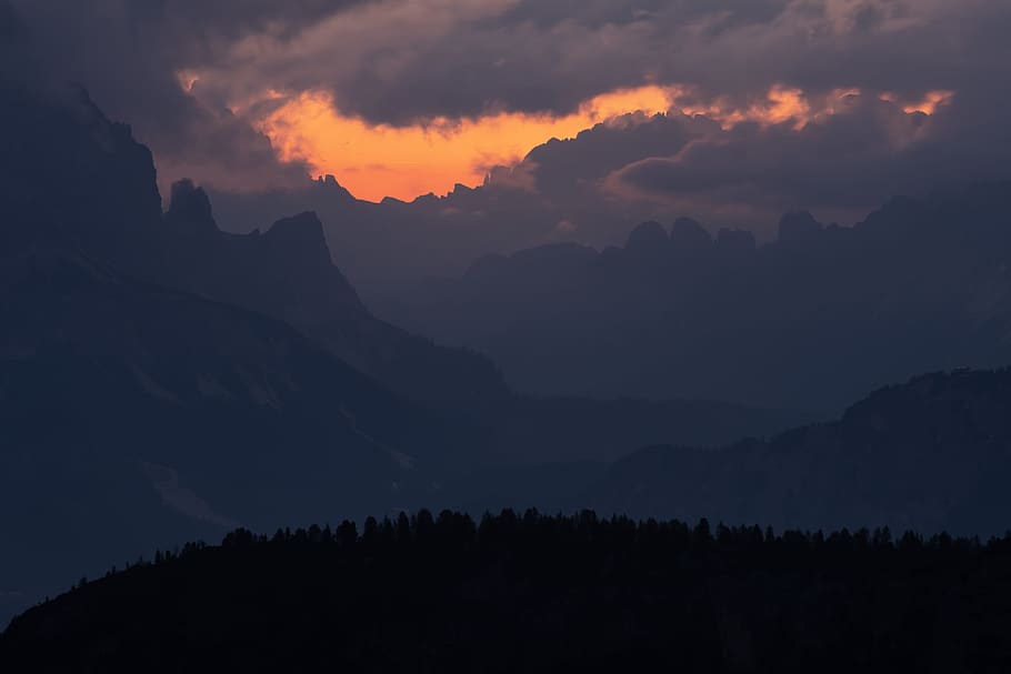 scenery of mountain, sky, cloudscape, storm, sunset, sunrise HD wallpaper