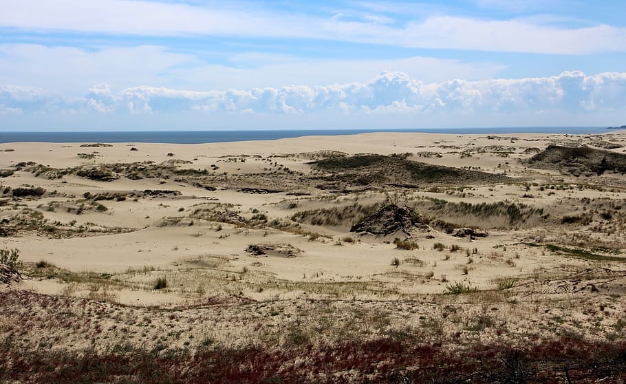 sand, sky, blue sky, clouds, horizon, sea, nature, landscape HD wallpaper