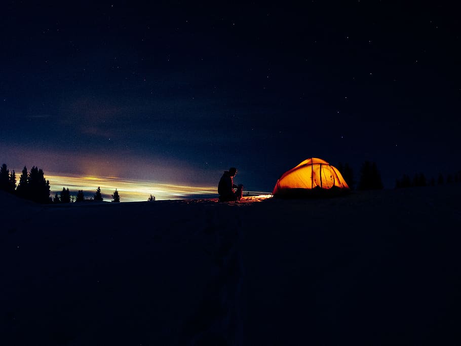 Silhouette Of Man In Front Of Tent, backlit, camping, dark, evening HD wallpaper
