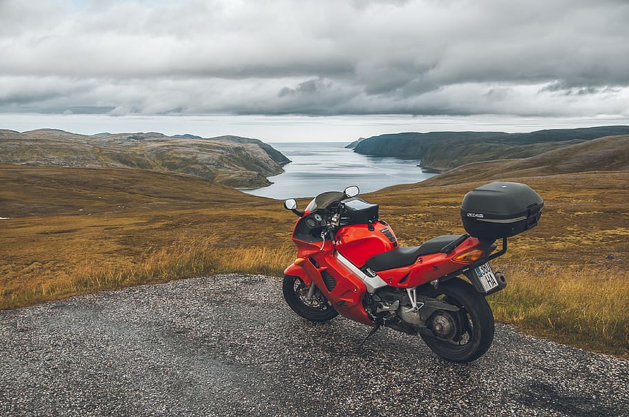 red sports bike, motorcycle, norway, nordkapp municipality, vehicle, HD wallpaper