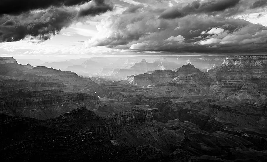grand canyon, united states, nature, black and white, sunset, HD wallpaper
