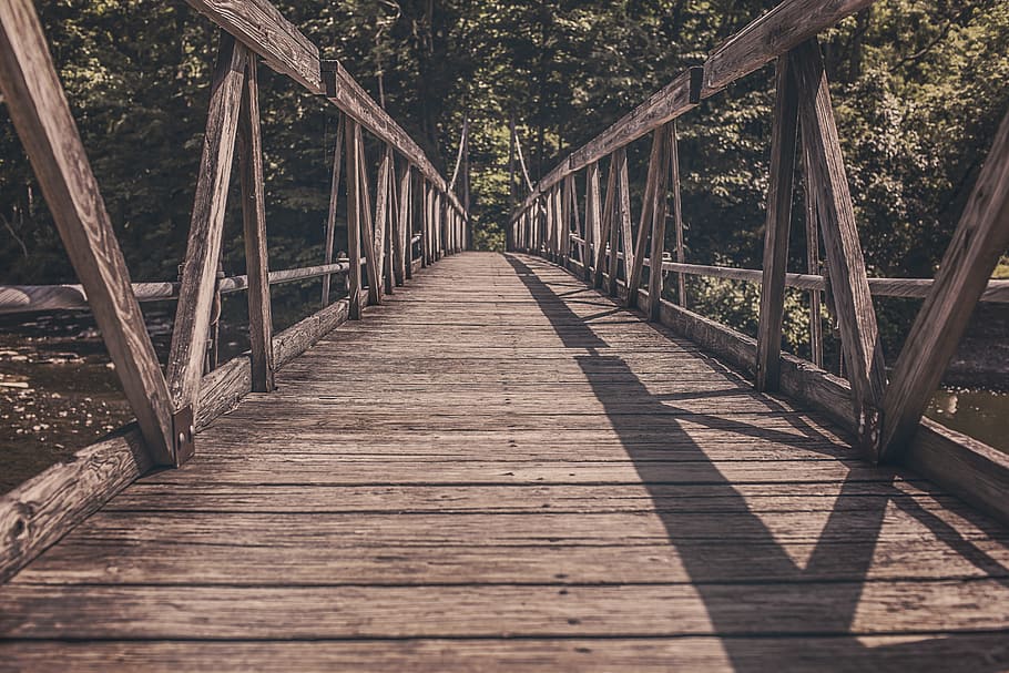 Alley Photography of Brown Wooden Bridge, footbridge, path, straight HD wallpaper