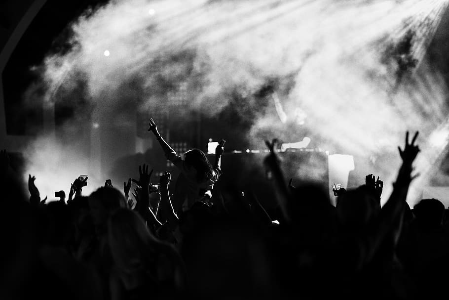 Group of People Raising Their Hands, audience, backlit, black-and-white