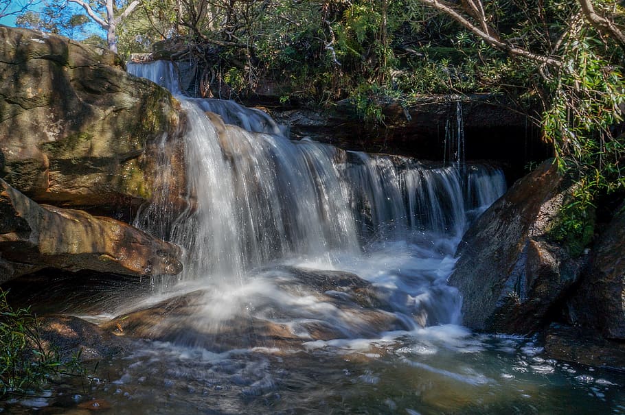 waterfall, scenics - nature, tree, motion, flowing water, rock HD wallpaper