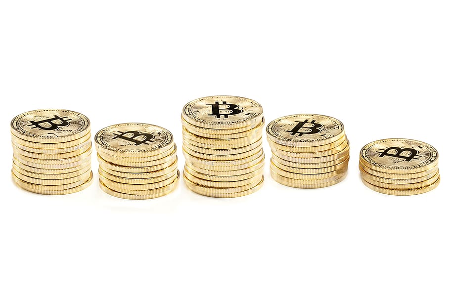 cryptocurrency, coins, bitcoin, white background, studio shot, HD wallpaper