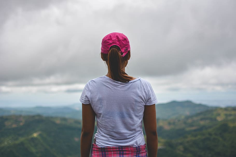 lady, view, mountains, one person, leisure activity, lifestyles HD wallpaper