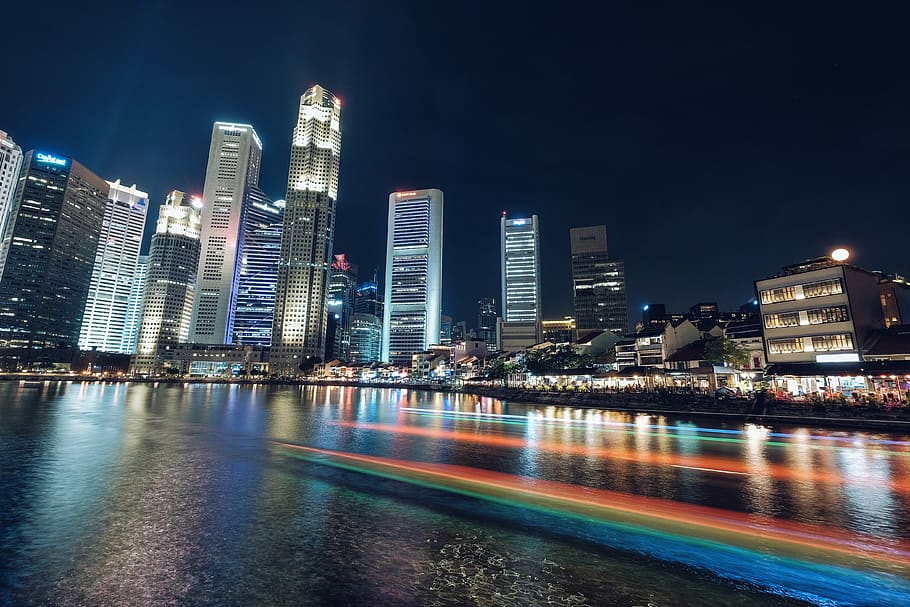 singapore, clarke quay, light trail, night view, river, building exterior, HD wallpaper