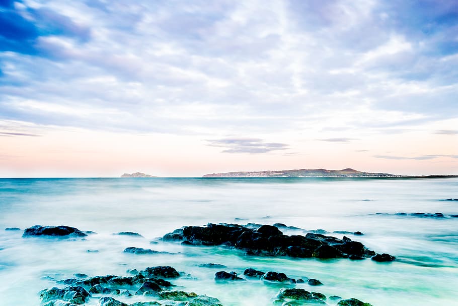 Blue Sea, beach, clouds, coast, landscape, nature, ocean, rocks HD wallpaper