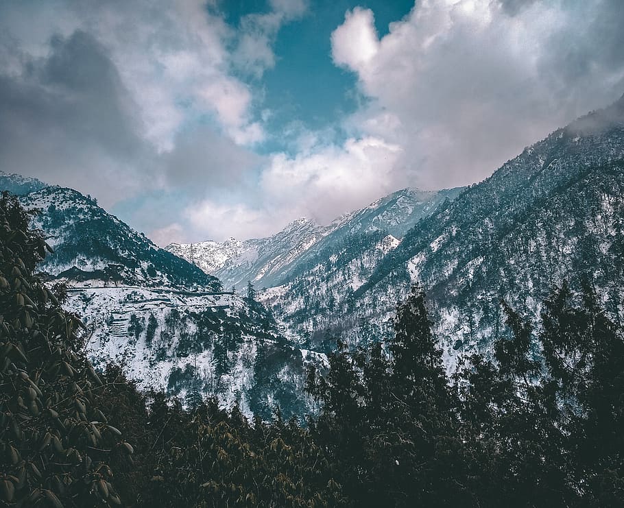 Mountain Filled With Snow Under Cloudy Sky, cold, forest, high HD wallpaper