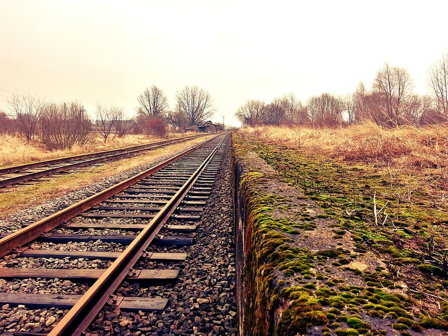 Railway Next to a Grassy Field during Day Time, infrastructure HD wallpaper