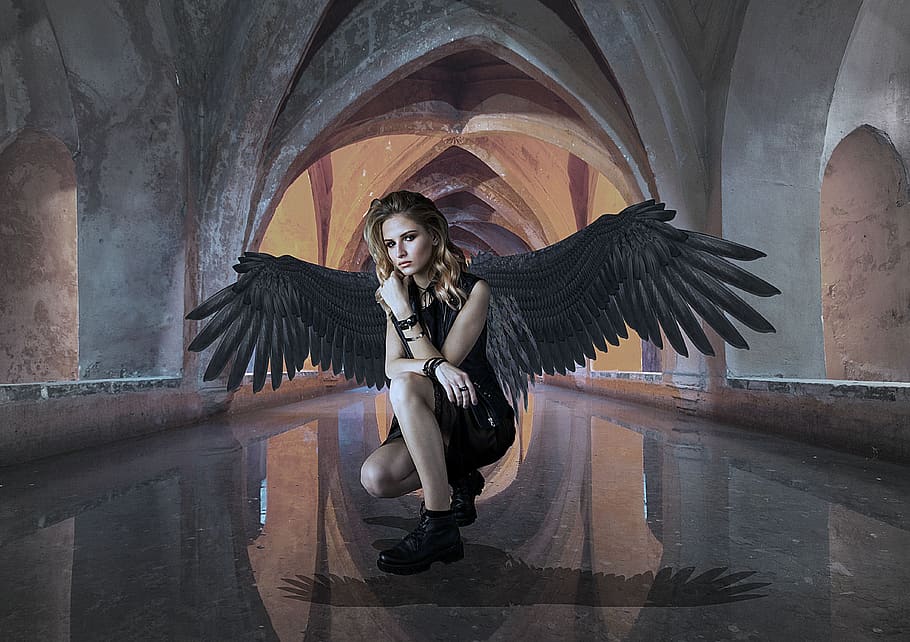 gothic, girl, angel, dark, wings, fantasy, mysterious, darkness, HD wallpaper