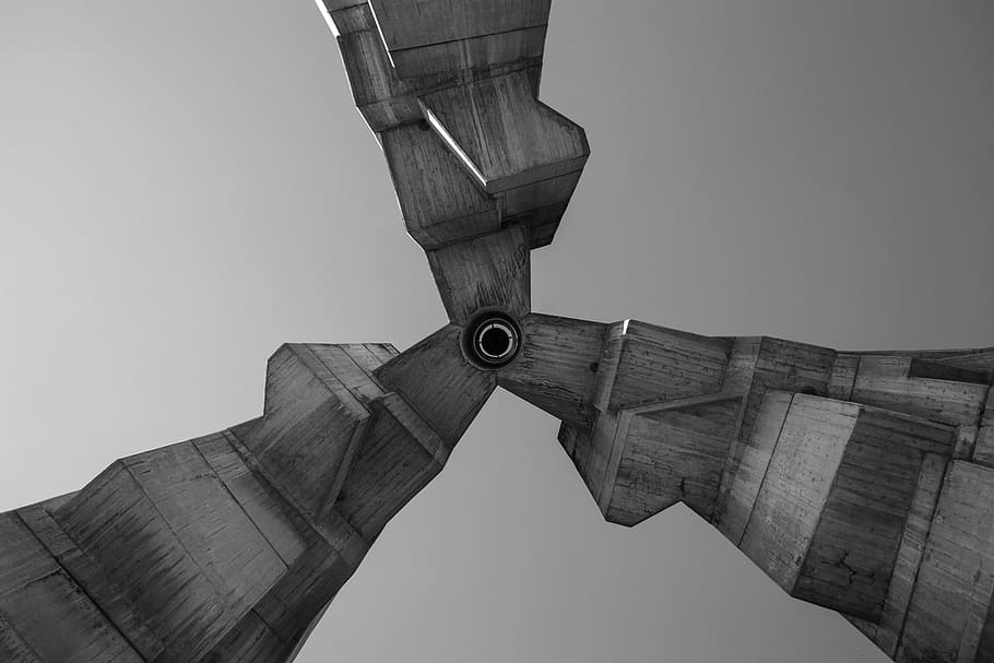 grey fan blades, symbol, cross, machine, propeller, concrete HD wallpaper