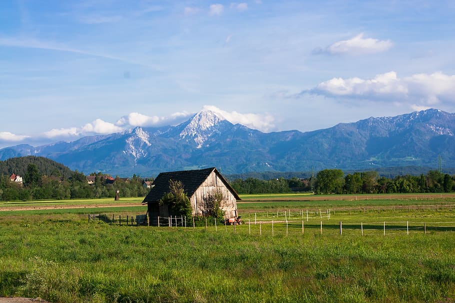 austria, mountains, sky, house, barn, scale, landscape, alpine HD wallpaper