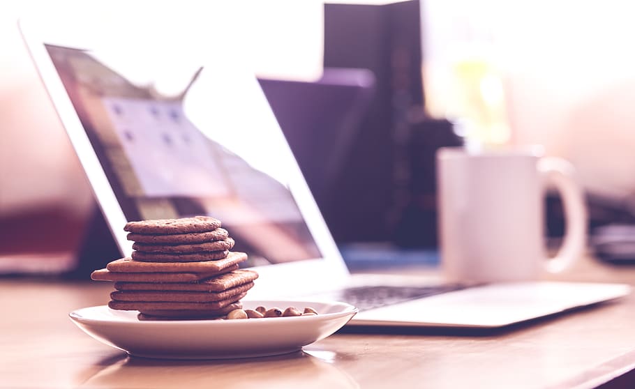 Biscuits in White Saucer, blur, close-up, cup, drink, focus, food HD wallpaper